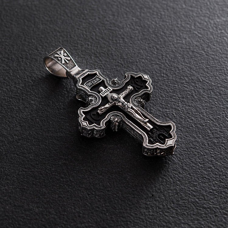 Срібний хрест "Розп'яття. Спаси та Збережи" з ебеновим деревом 942 від ювелірного магазину Онікс