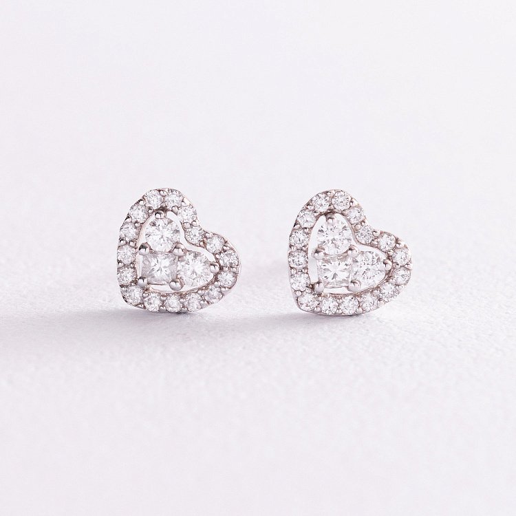 Золотые серьги - пусеты "Сердечки" с бриллиантами doubs205 от ювелирного магазина Оникс