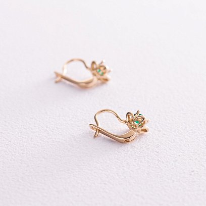 Детские золотые серьги "Цветочки" (зеленые фианиты) с08064з №3