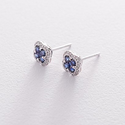 Золотые серьги-пусеты "Клевер" с сапфирами и бриллиантами сб0282ai №3