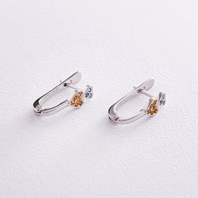 Серебряные серьги "Сердечки" (голубые и желтые камни) 704 №3