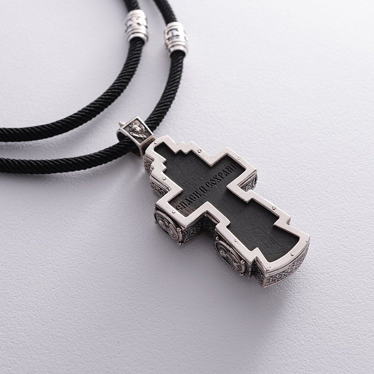 Чоловічий православний срібний хрест із ебенового дерева на шнурку 181263 від ювелірного магазину Онікс - 4