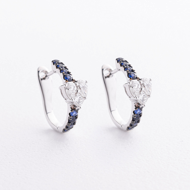 Сережки "Сердечки" у білому золоті (діаманти, сапфіри) сб0698va від ювелірного магазину Онікс
