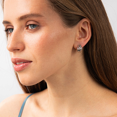 Серьги - кольца "Змеи" в белом золоте (фианиты) с09337 №2