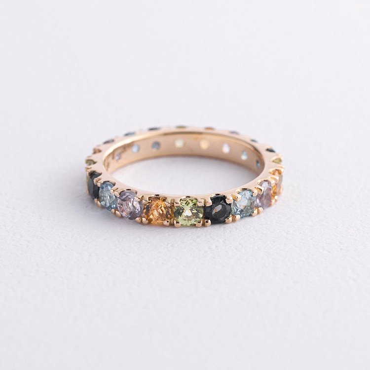 Золотое кольцо с дорожкой разноцветных натуральных камней к07617 - 2 Золотое кольцо с дорожкой разноцветных натуральных камней к07617 от ювелирного магазина Оникс - 2