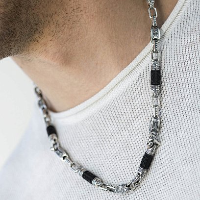 Мужская серебряная цепочка "Спаси и сохрани" с эбеновым деревом 810 №2