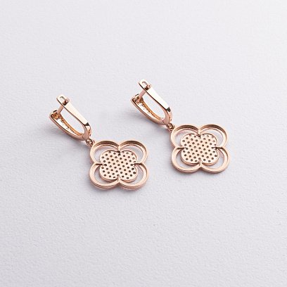 Серьги - кольца "Клевер" в красном золоте (фианиты) с09313 №2