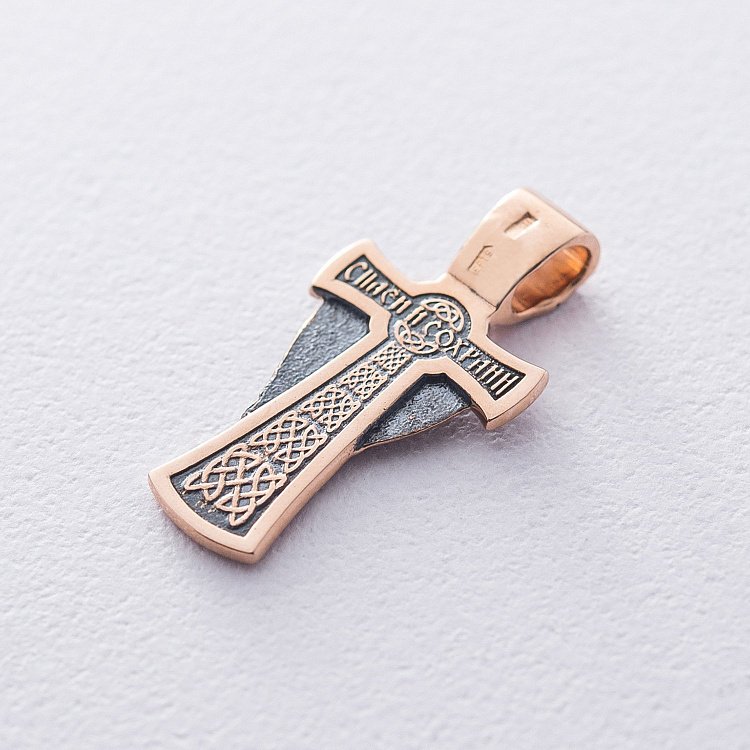 ﻿Золотий хрестик "Ангел Хранитель. Спаси і Збережи" з чорнінням п02904 від ювелірного магазину Онікс - 1