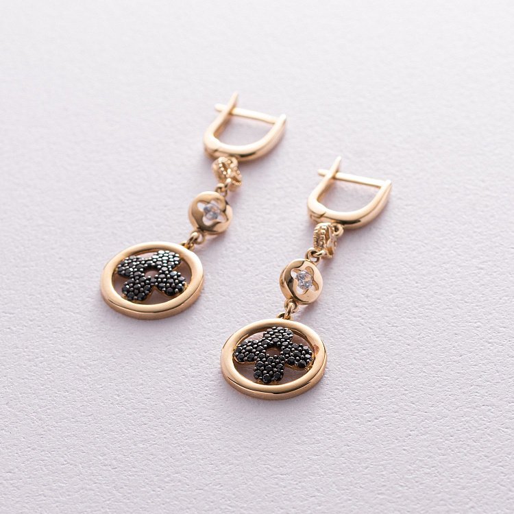 Золотые серьги "Клевер" с фианитами с04841 от ювелирного магазина Оникс - 2