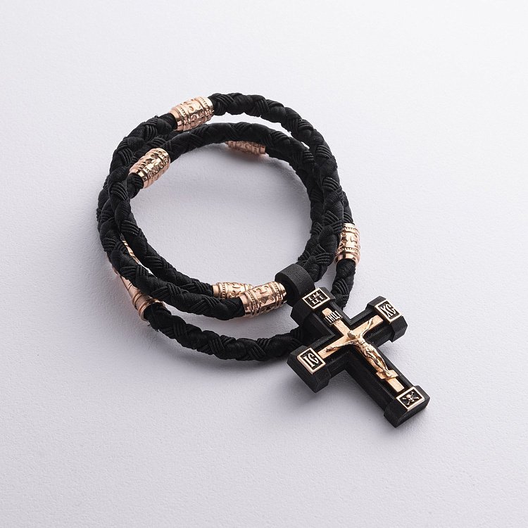 Чоловічий православний хрест "Розп'яття. Спаси та Збережи" на шнурі з ебенового дерева та золота кол02523 від ювелірного магазину Онікс