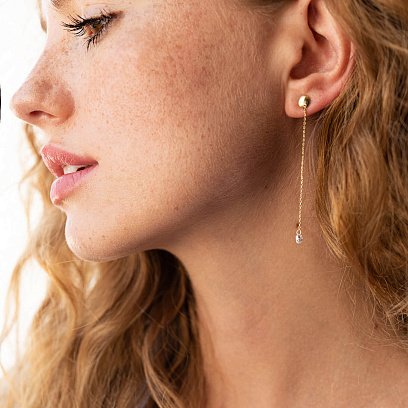 Сережки - пусети "Фіаніт на ланцюжку" у жовтому золоті с08021 №5