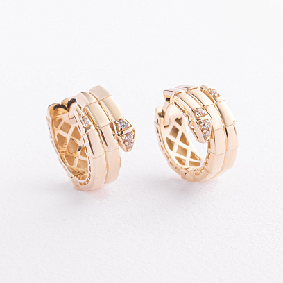 Серьги - кольца "Змеи" в желтом золоте (фианиты) с09717