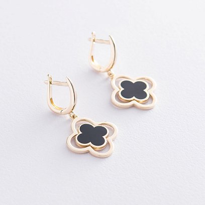 Серьги "Клевер" в желтом золоте (эмаль) с06810