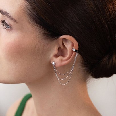 Сережка - каффа "Трініті" в білому золоті з ланцюжками (фіаніт) с08020 №9