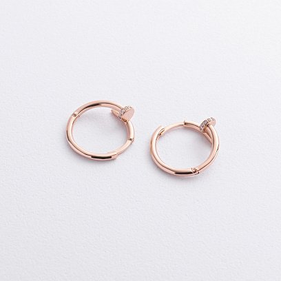 Серьги - кольца "Гвоздь" в красном золоте (фианиты) с09127 №2