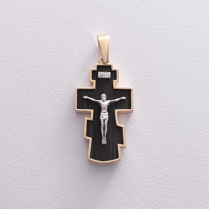 Чоловічий православний хрест з ебенового дерева та золота "Розп'яття. Спаси і Збережи" п0025ж №3