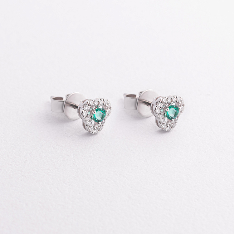 Золотые серьги - пусеты "Клевер" (бриллианты, изумруды) сб0633ca от ювелирного магазина Оникс - 1