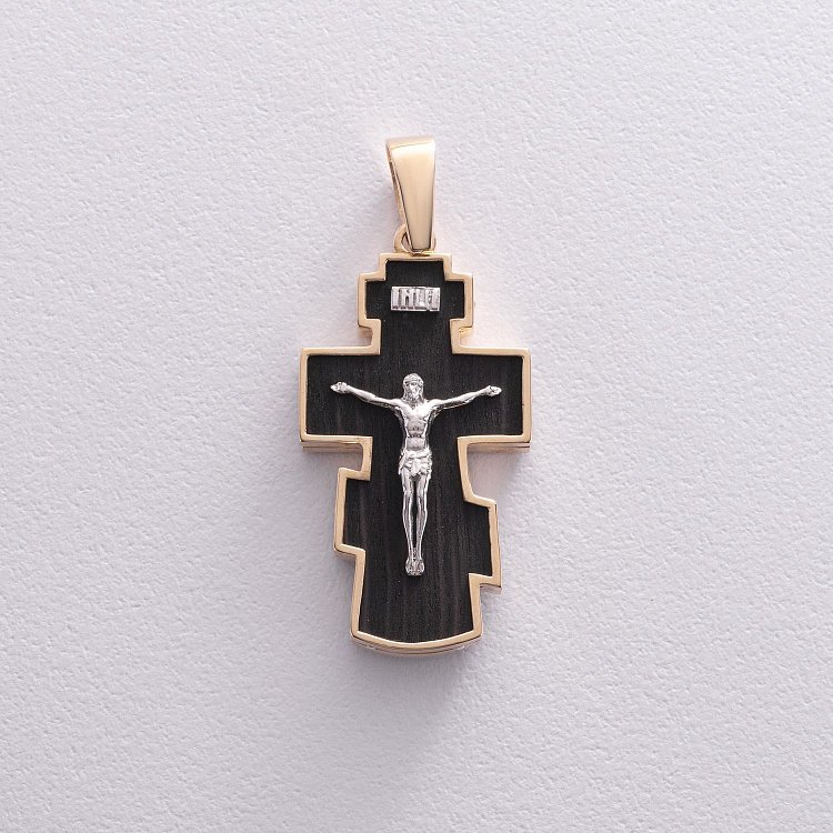 Чоловічий православний хрест з ебенового дерева та золота "Розп'яття. Спаси і Збережи" п0025ж від ювелірного магазину Онікс - 2