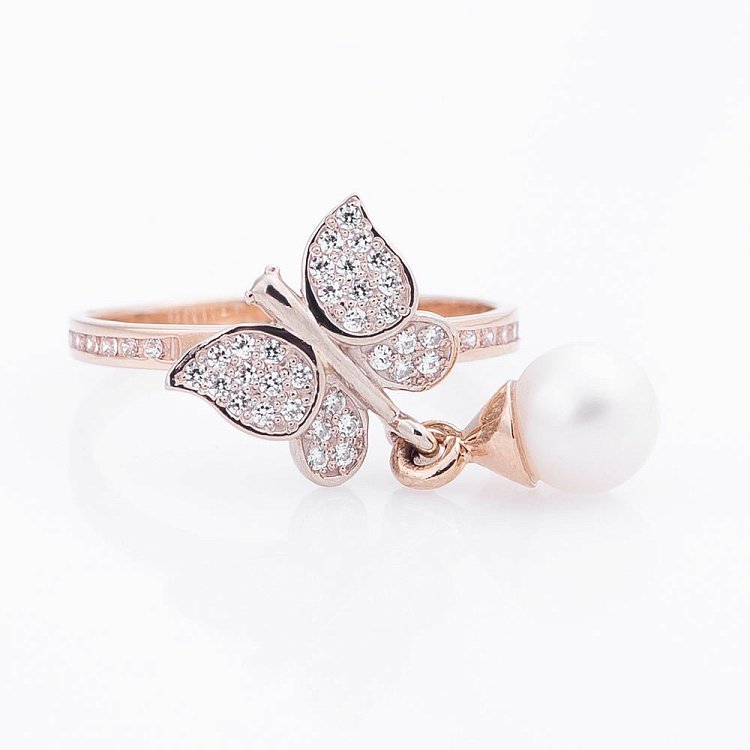 Золотое кольцо "Бабочка" с культивированным пресноводным жемчугом и фианитами 02-0702.0.4310 от ювелирного магазина Оникс - 2