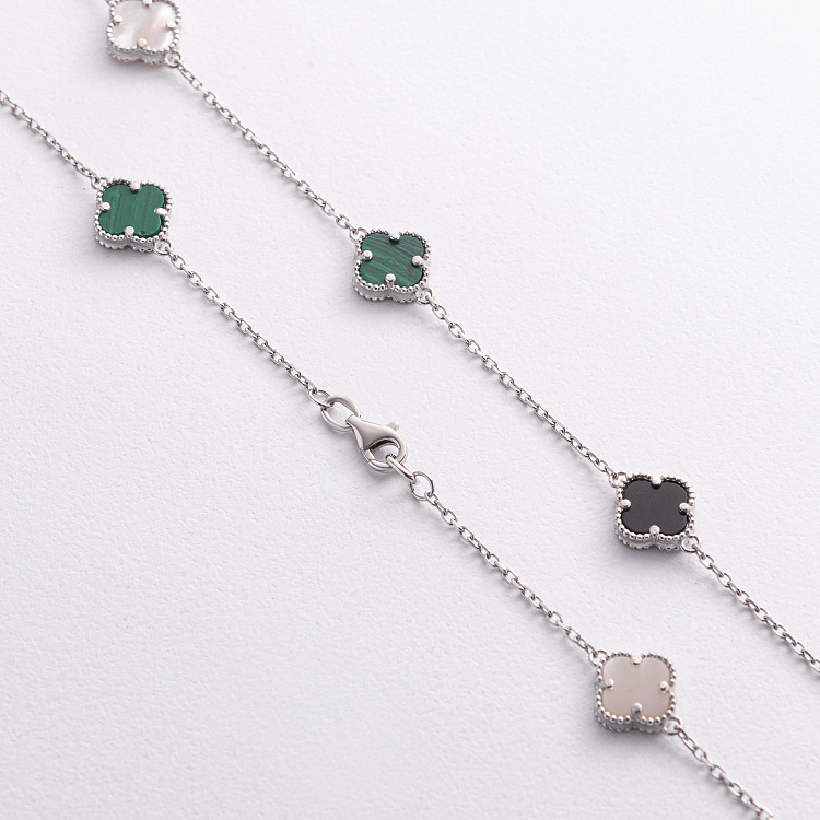 Серебряное колье "Клевер" (оникс, малахит, перламутр) 181337 от ювелирного магазина Оникс - 2