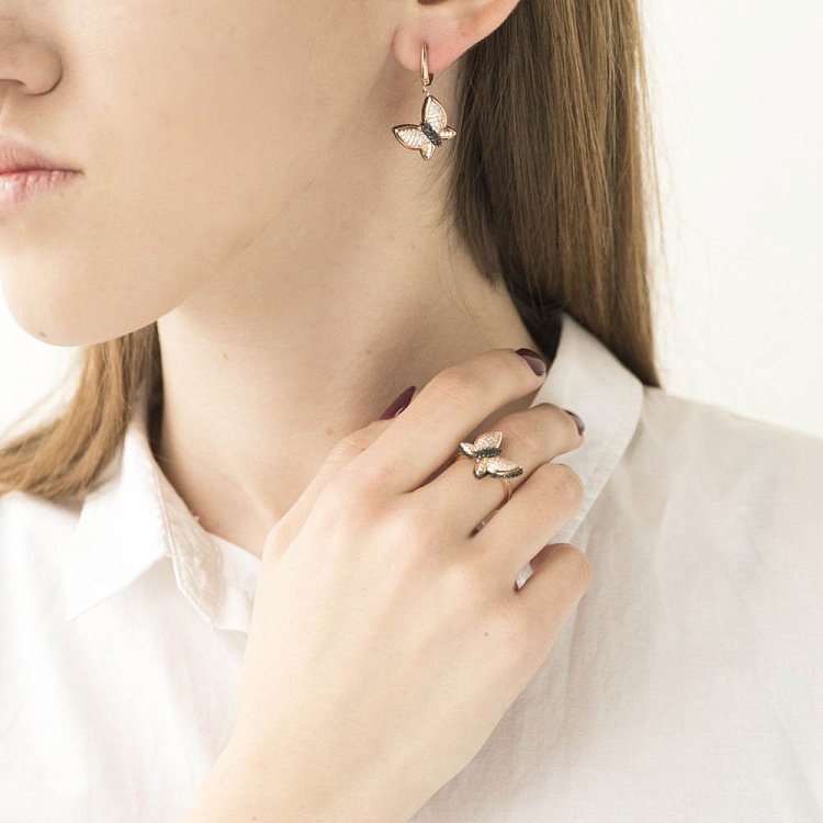 Золотое кольцо "Бабочка" с фианитами к06097 от ювелирного магазина Оникс - 5