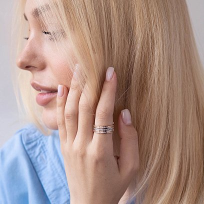 Золота потрійна каблучка з фіанітами к02643 №6