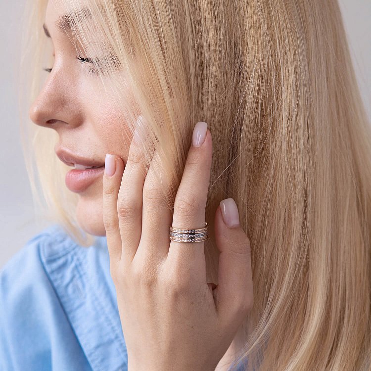 Золота потрійна каблучка з фіанітами к02643 від ювелірного магазину Онікс - 5