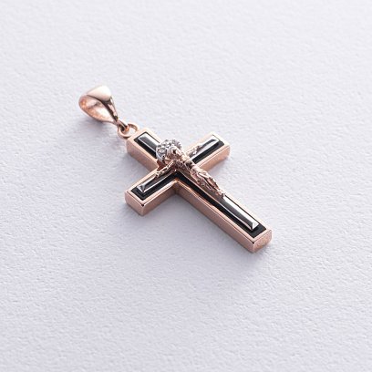 Золотий православний хрестик "Розп'яття. Спаси та Збережи" (емаль, фіаніти) п03781