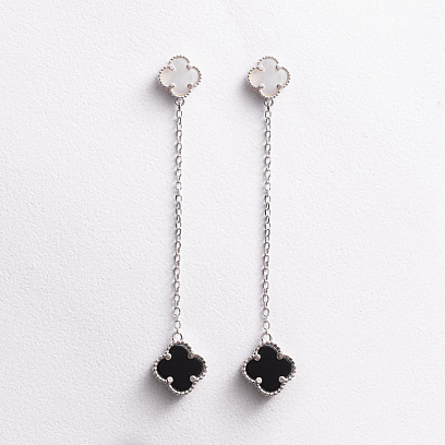 Срібні сережки "Конюшина на ланцюжку" (перламутр, онікс) 123539