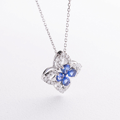 Колье "Клевер" в белом золоте (бриллианты, сапфиры) колб0191sm
