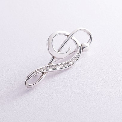 Срібна брошка "Скрипічний ключ" (фіаніти) 16051