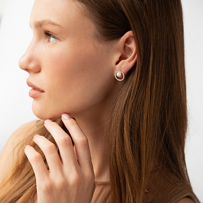 Золоті сережки - пусети "Кругообіг" (перли, фіаніти) с09178 №5