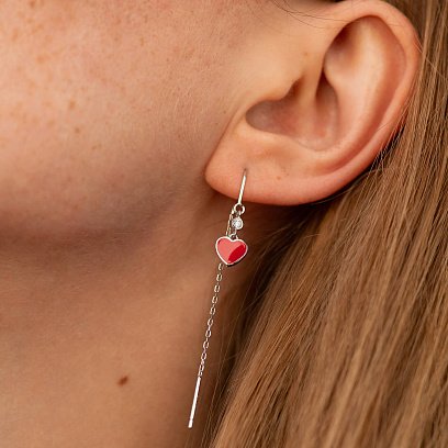 Серебряные серьги - протяжки "Сердечки" (эмаль, фианиты) 123443 №3