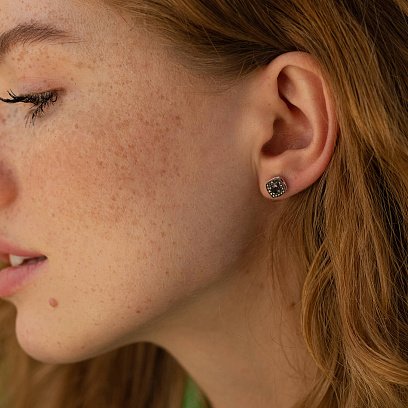 Золотые серьги - пусеты 2 в 1 с черными бриллиантами 332921122 №8