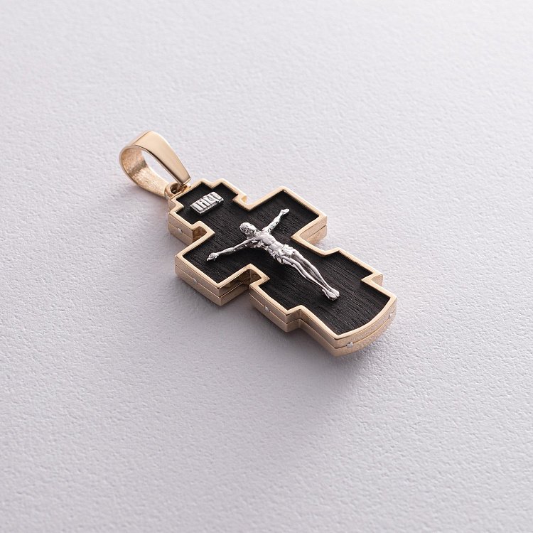 Чоловічий православний хрест з ебенового дерева та золота "Розп'яття. Спаси і Збережи" п0025ж від ювелірного магазину Онікс - 4