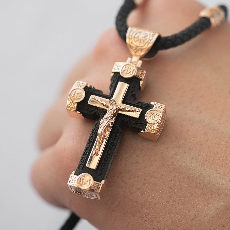 Чоловічий православний хрест з ебенового дерева та золота "Розп'яття. Спаси та Збережи" (на шнурку) кол02244 від ювелірного магазину Онікс - 10