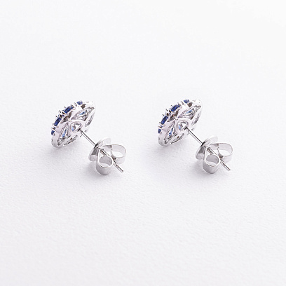 Сережки - пусети "Конюшина" в білому золоті (діаманти, сапфіри) сб0718mi №3