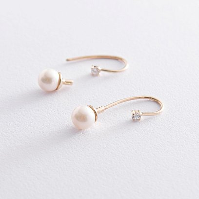 Золотые серьги "Муза" (фианит, культ. пресн. жемчуг) с06735 №3