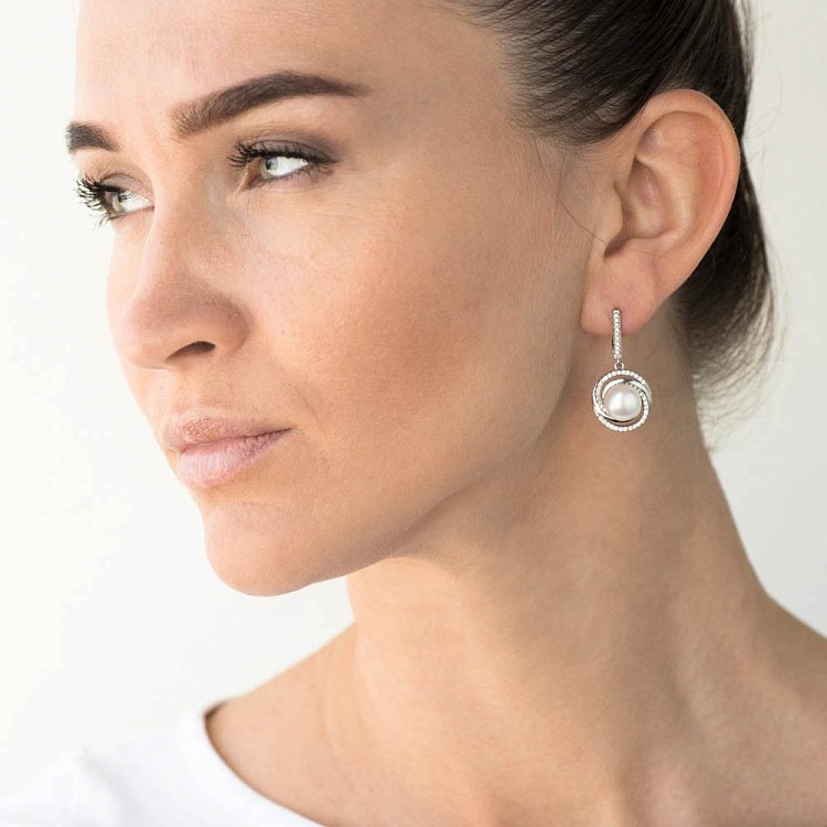 Серебряные серьги с культ. пресн. жемчугом и фианитами 121801 от ювелирного магазина Оникс - 3