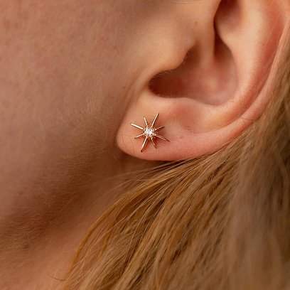 Золоті сережки - пусети "Зірки метеорити" з фіанітами с07906