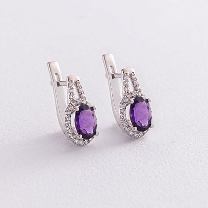 Срібні сережки з аметистом і фіанітами 2935/9р-AMET