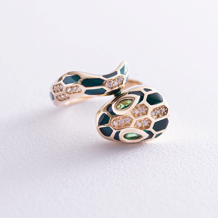 Золота каблучка "Змія" (емаль, фіаніт) к06644 від ювелірного магазину Онікс