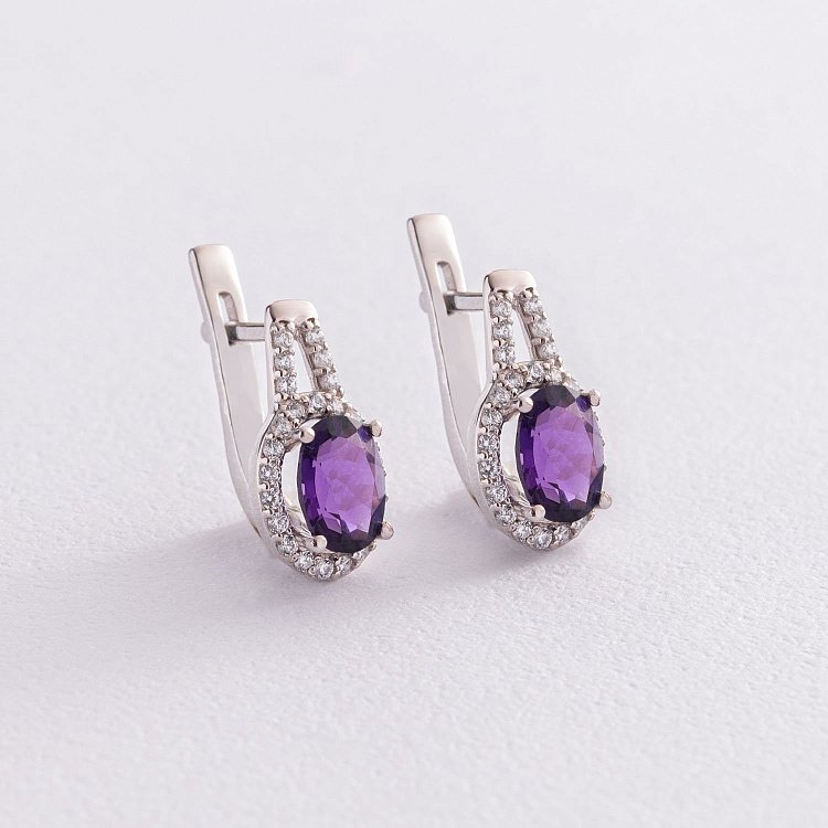 Срібні сережки з аметистом і фіанітами 2935/9р-AMET від ювелірного магазину Онікс