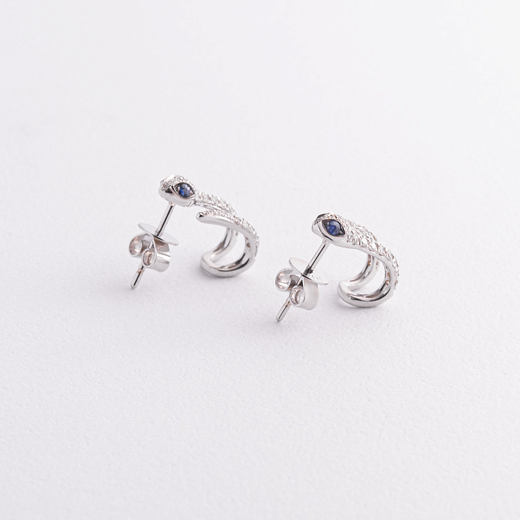 Золотые серьги - пусеты "Змеи" (бриллианты, сапфиры) сб0632ca от ювелирного магазина Оникс - 1