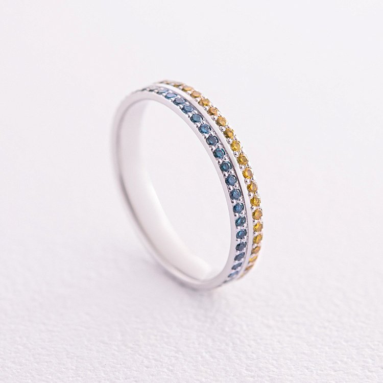 Золота каблучка "Прапор України" з блакитними та жовтими діамантами 232321121 від ювелірного магазину Онікс