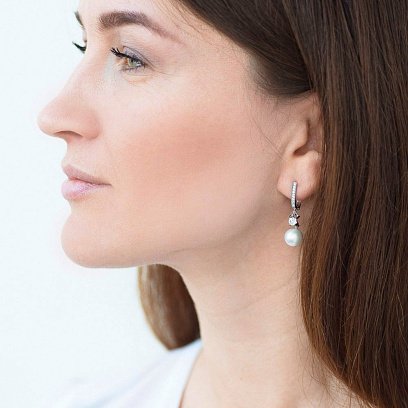 Золоті сережки з фіанітами і культ. прісн. перлами с02893