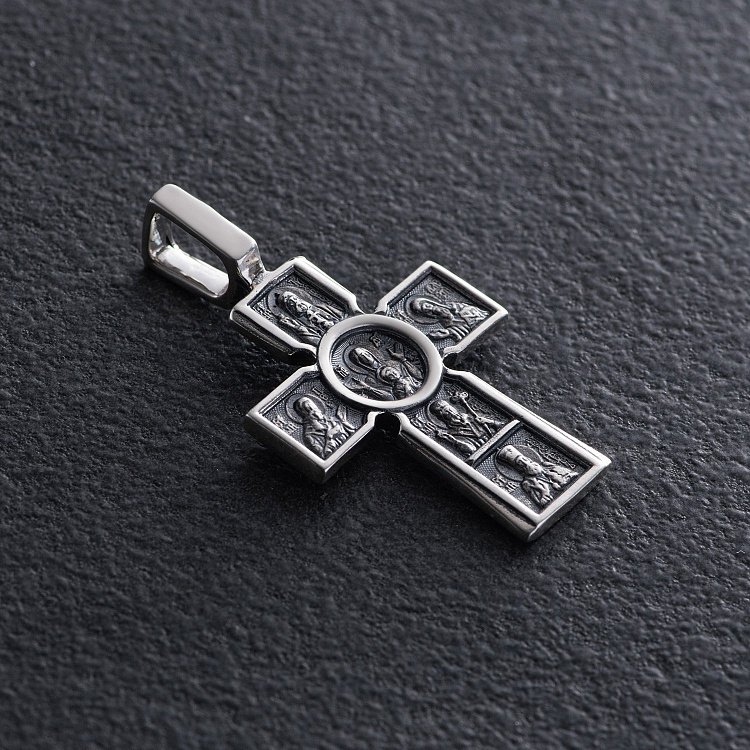 Срібний православний хрестик з чорнінням "Розп'яття. Божа Матір" Втілення". П'ять святителів" 13437 від ювелірного магазину Онікс - 2