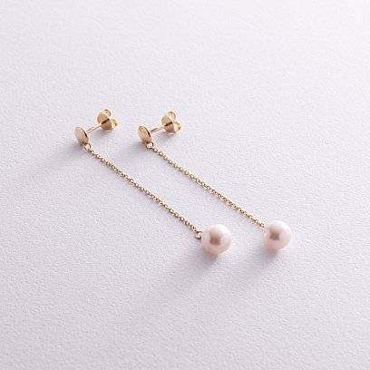 Серьги - пусеты "Жемчужина на цепочке" в желтом золоте с08294 №3