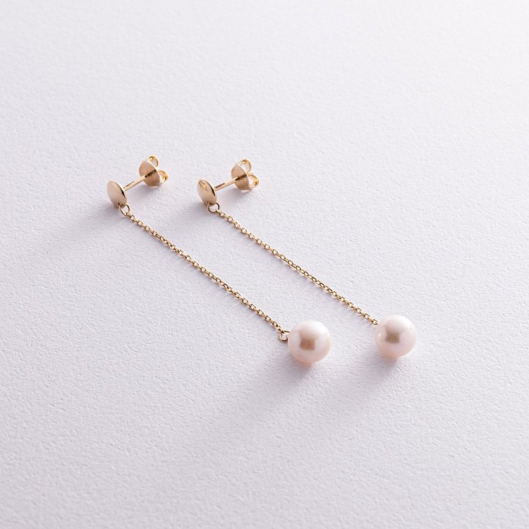 Серьги - пусеты "Жемчужина на цепочке" в желтом золоте с08294 от ювелирного магазина Оникс - 2