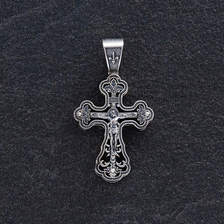 Серебряный крест "Распятие. Спаси и Сохрани" с эбеновым деревом mini 1071 от ювелирного магазина Оникс